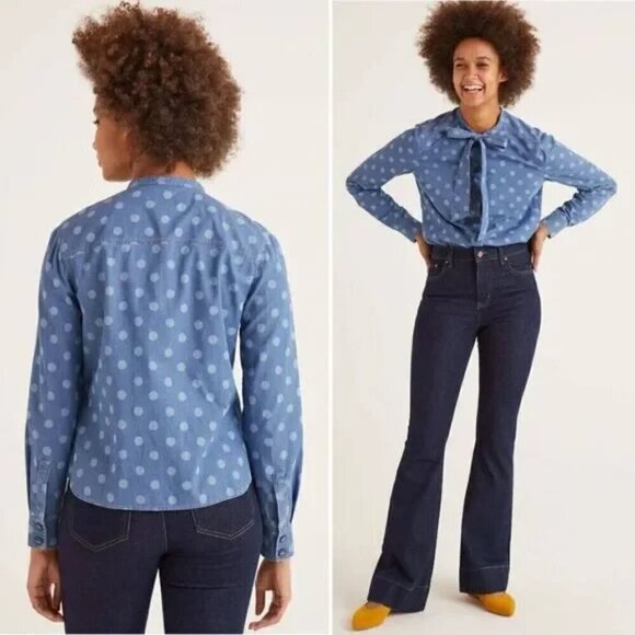 Boden Keira Tie Neck Polka Dot Chambray Button Down Top, Size 6 - Picture 2 of 7